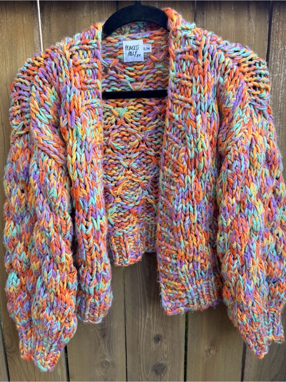 Princess Polly Multicolor Chunky Crochet Cardigan — Orange, Purple & Aqua s/m